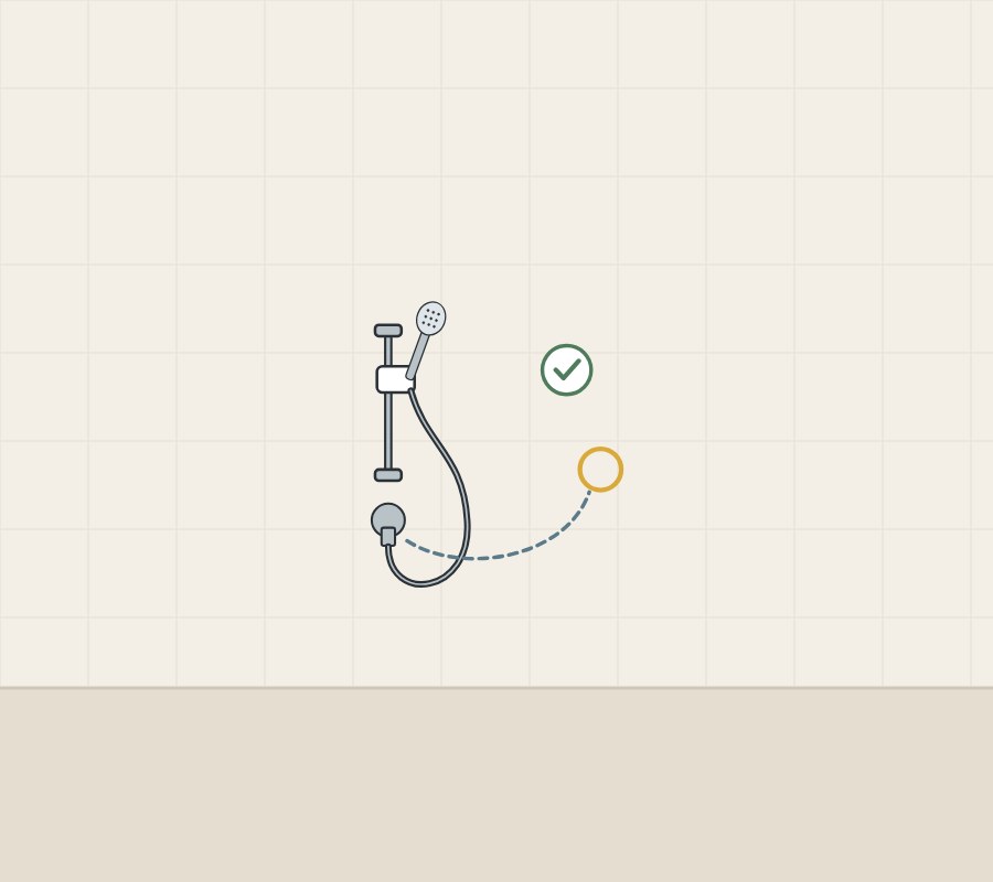 Illustration of a hand shower on a wall bar, a dashed route from the outlet to a ringed use point, and a tick