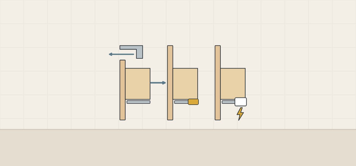 Illustration of three drawer fronts in side section: under a grip profile, pressed by an arrow with a unit behind, and with a powered unit
