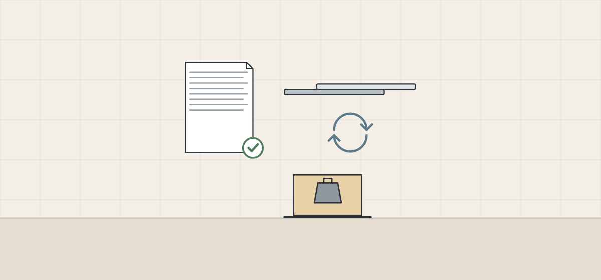 Illustration of a document with a check mark, a drawer slide with circling arrows and a drawer carrying a weight
