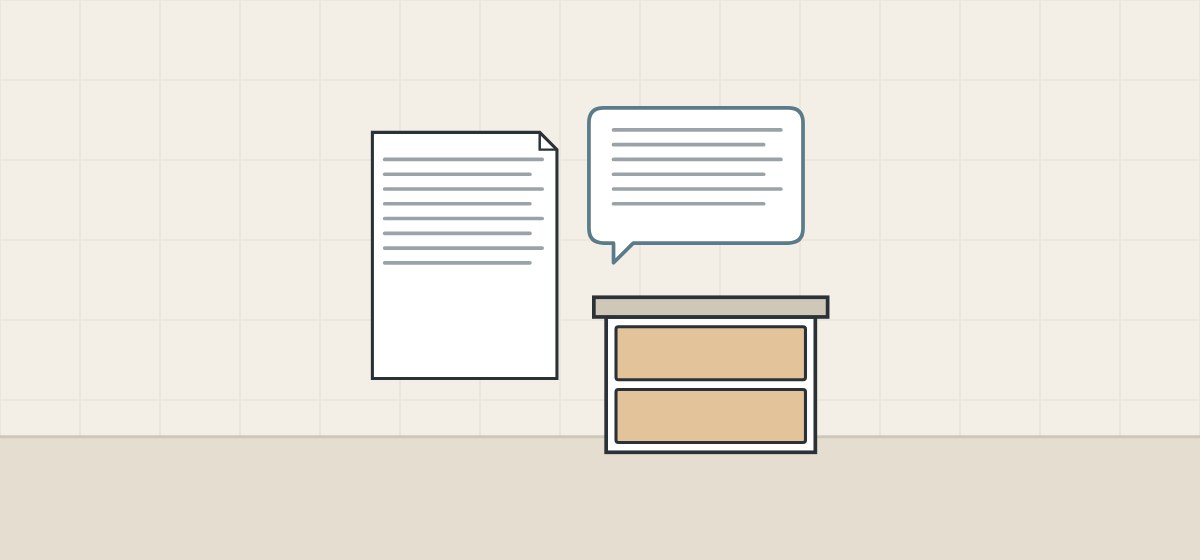 Illustration of a document, a message bubble and a small vanity with flat drawer fronts