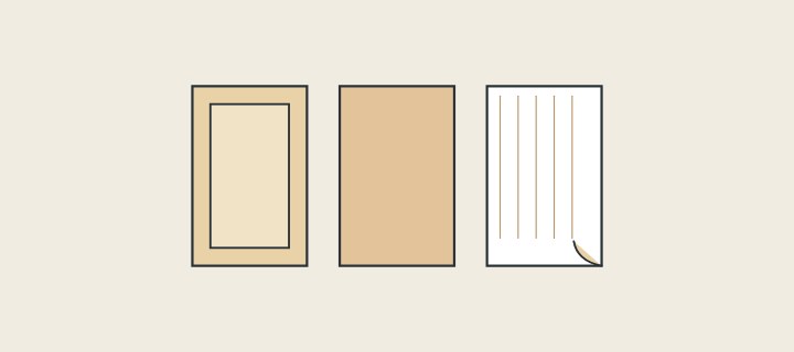 Illustration: three cabinet doors side by side: a framed panel, a plain slab and a veneered door with a lifted corner