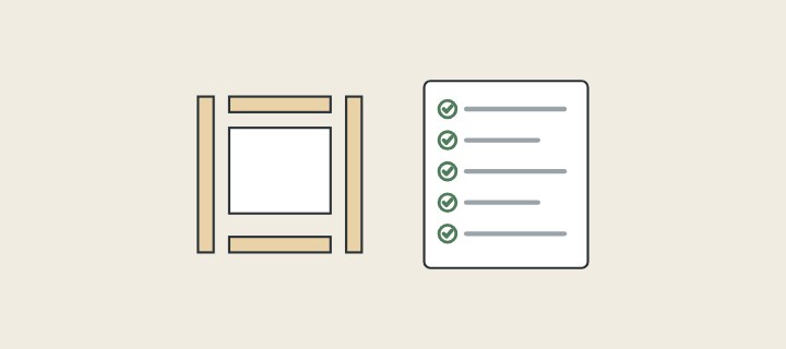 Illustration: cabinet parts laid apart beside a checked parts list