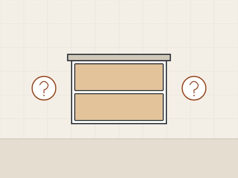 Illustration of a vanity with flat drawer fronts between two question marks