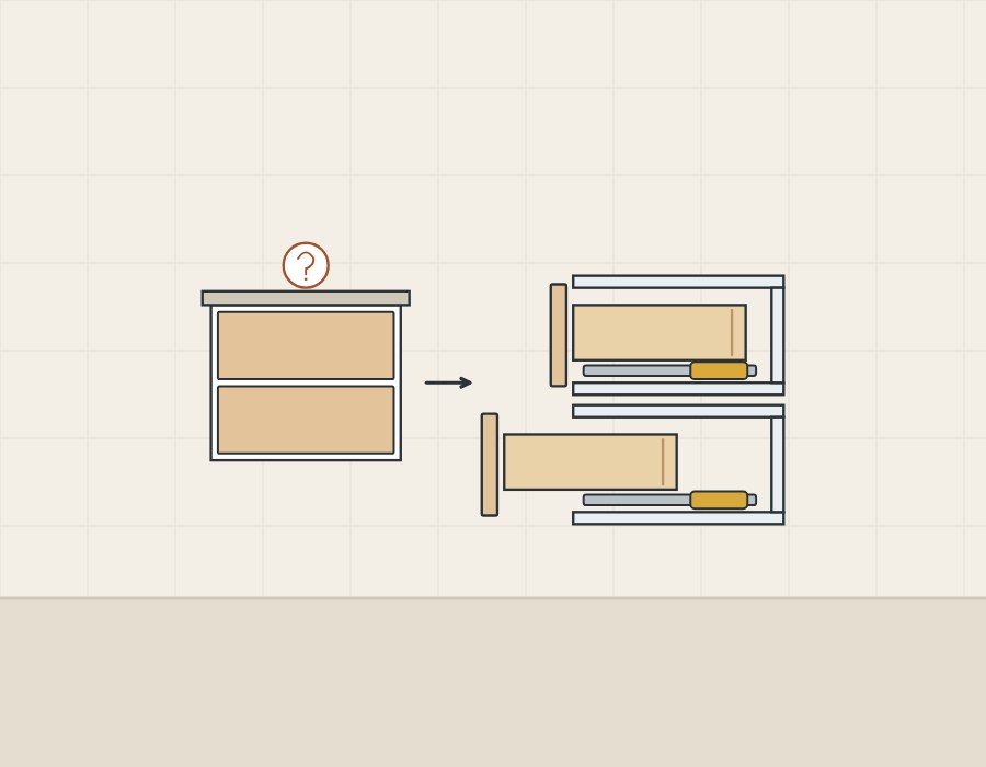 Illustration of a vanity with flat drawer fronts and a question mark above it, beside the same drawer in side section, closed and partly open