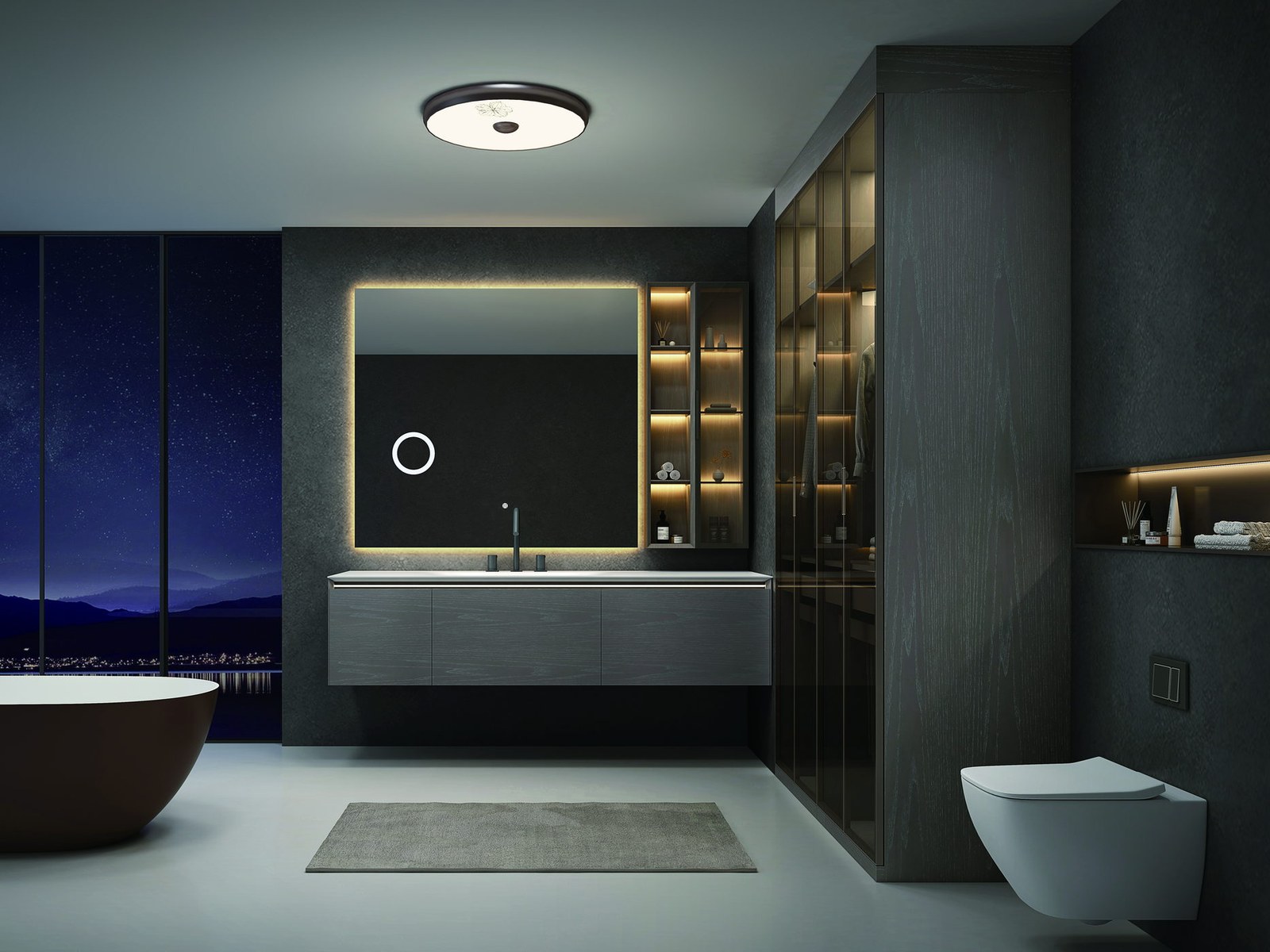 A solid wood vanity in a boutique hotel bathroom