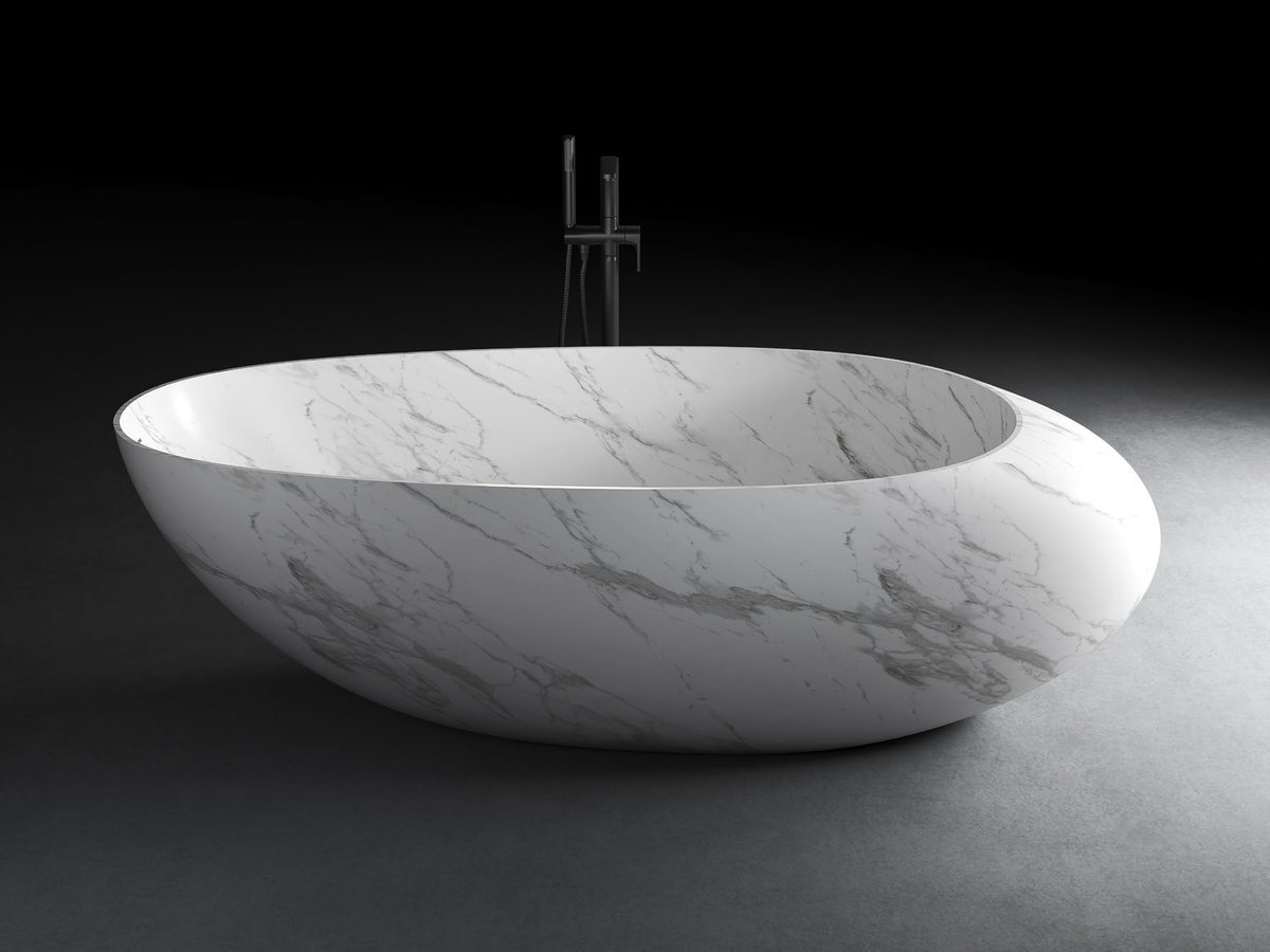A marble-effect cast solid surface bathtub