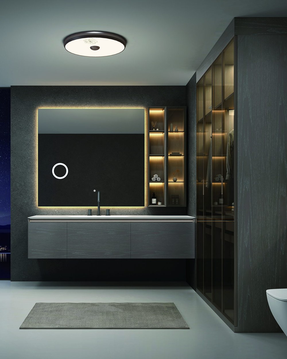 A solid wood vanity in a boutique hotel bathroom