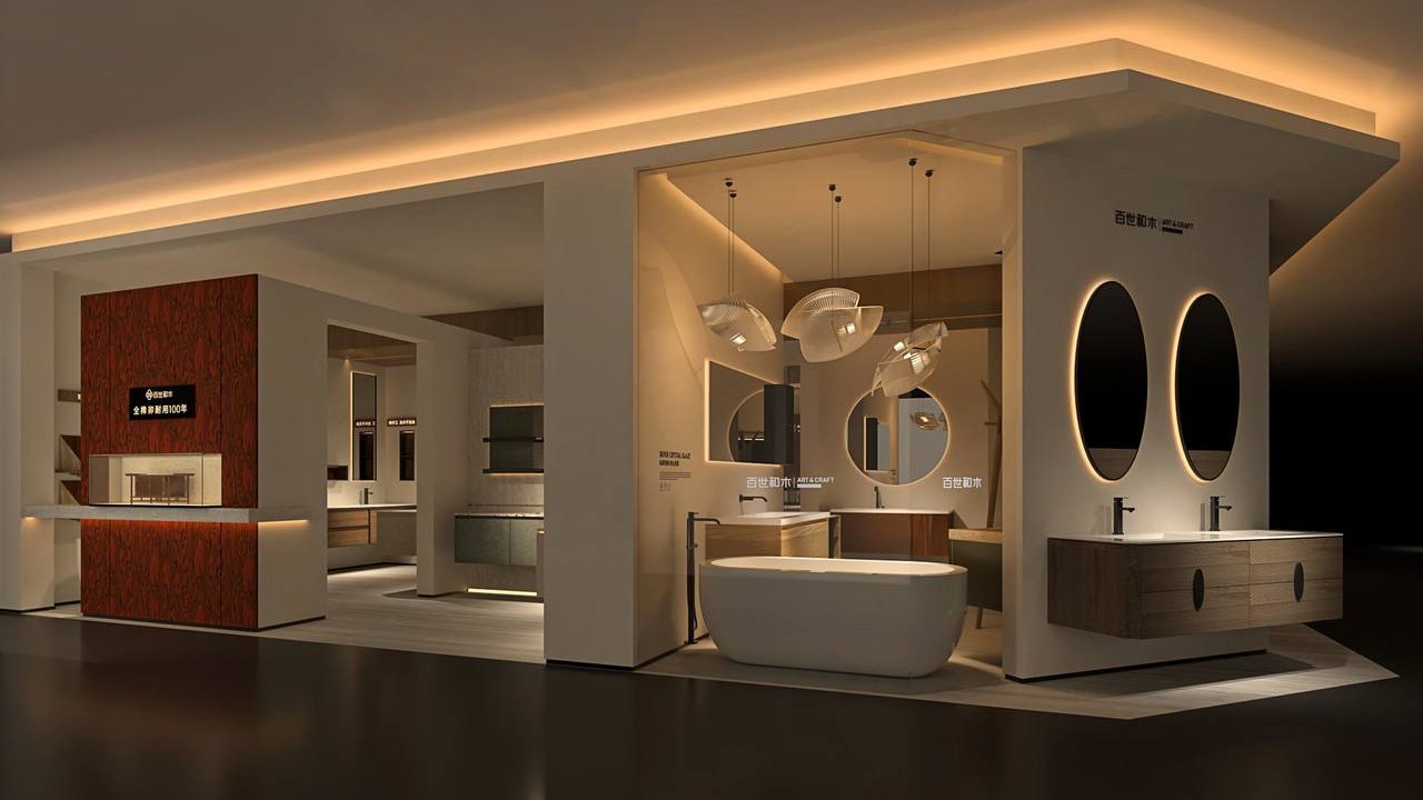 A bathroom vanity shown in a finished bathroom