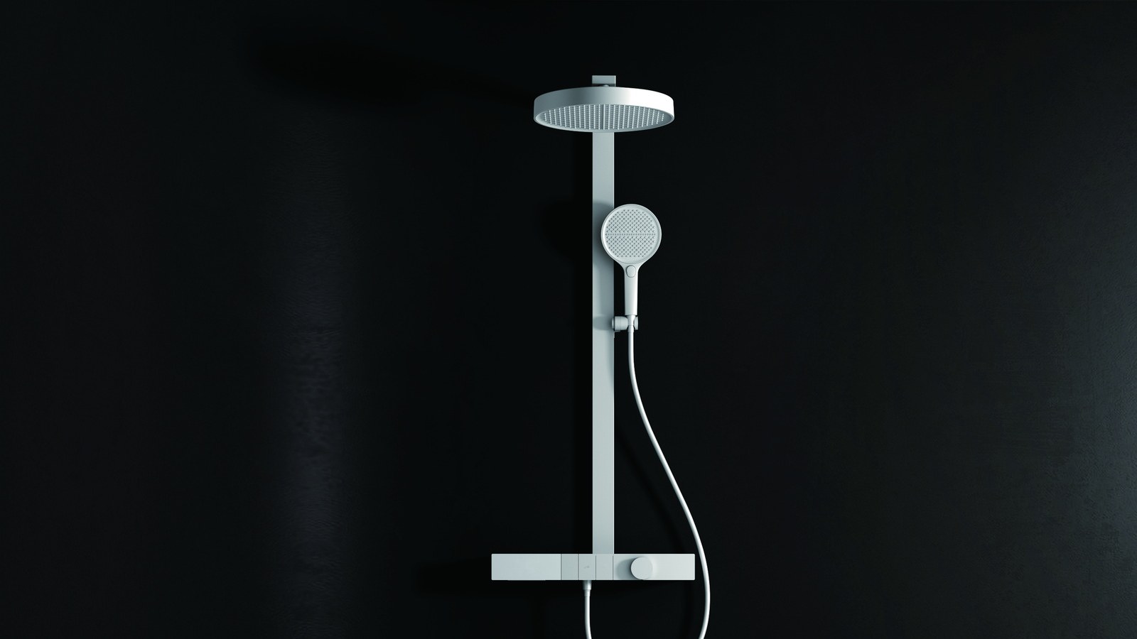 A shower column with a round head and a hand shower