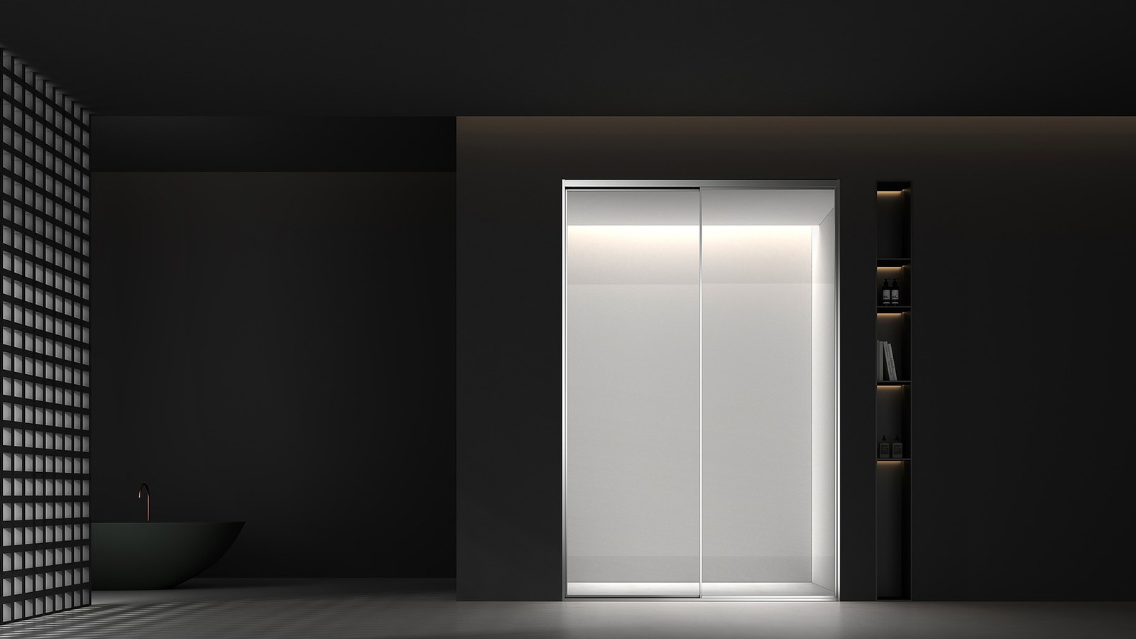 A detail of a frameless shower enclosure