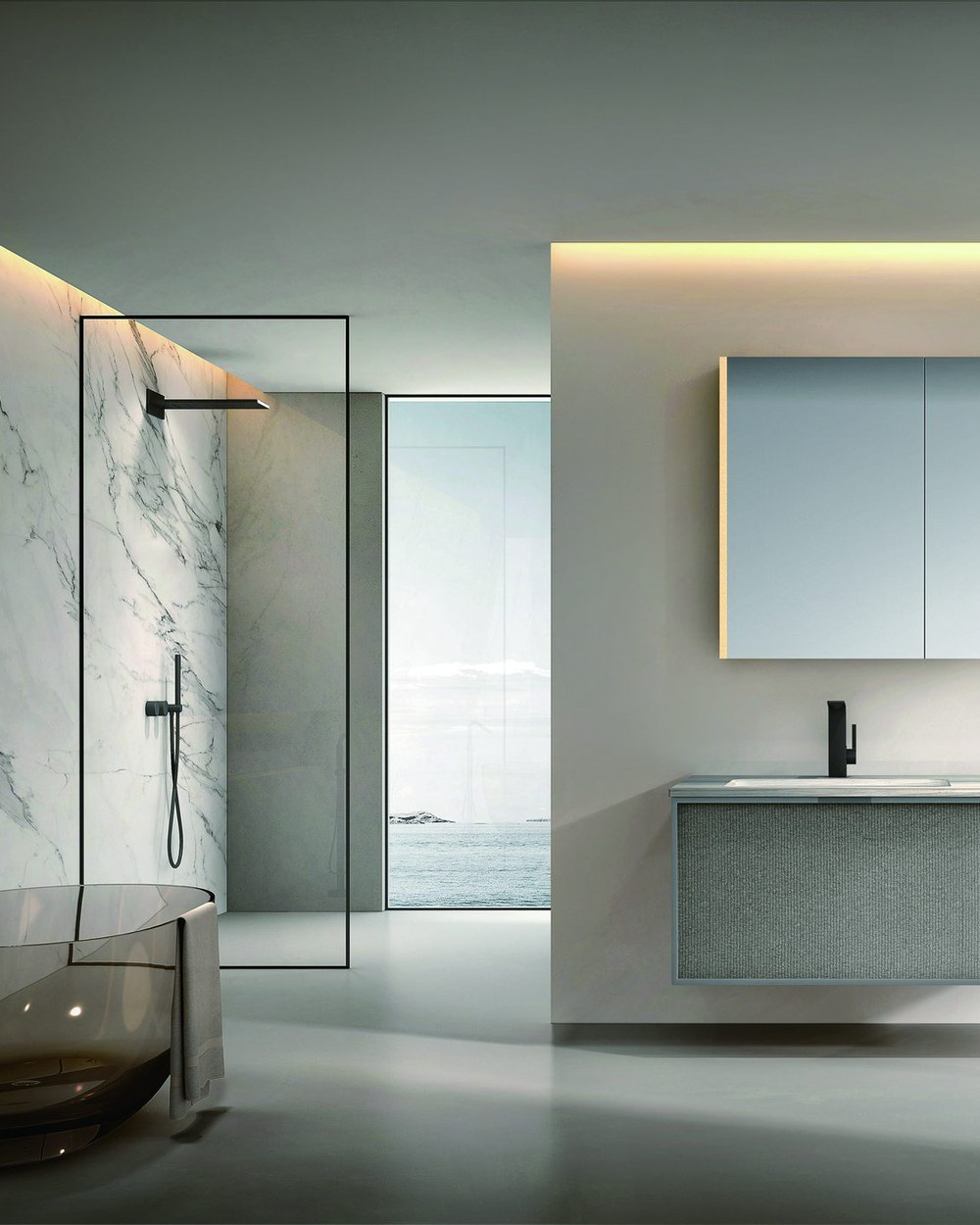 A walk-in screen in an open wet room