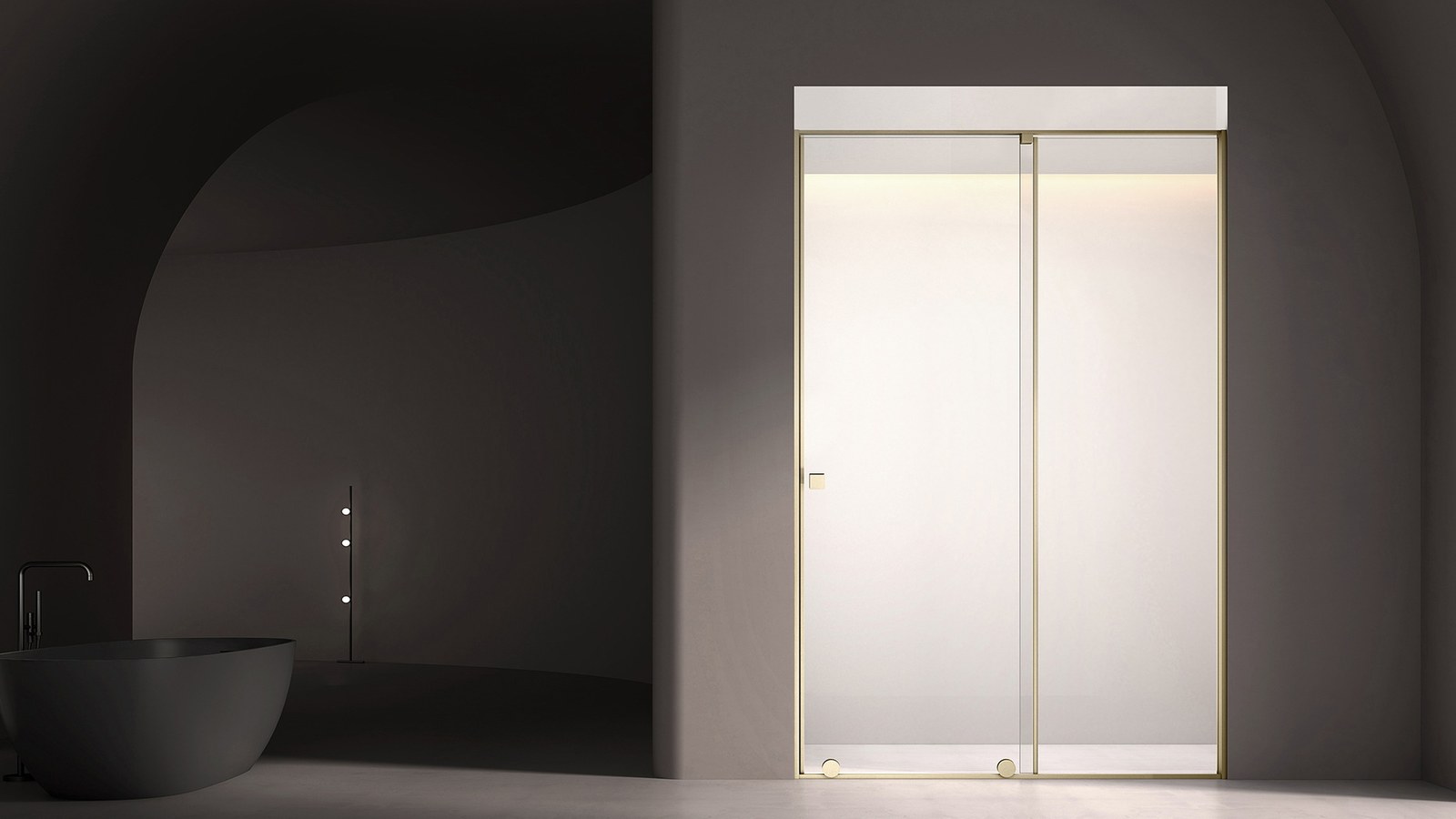 A sliding glass shower panel in a bright room
