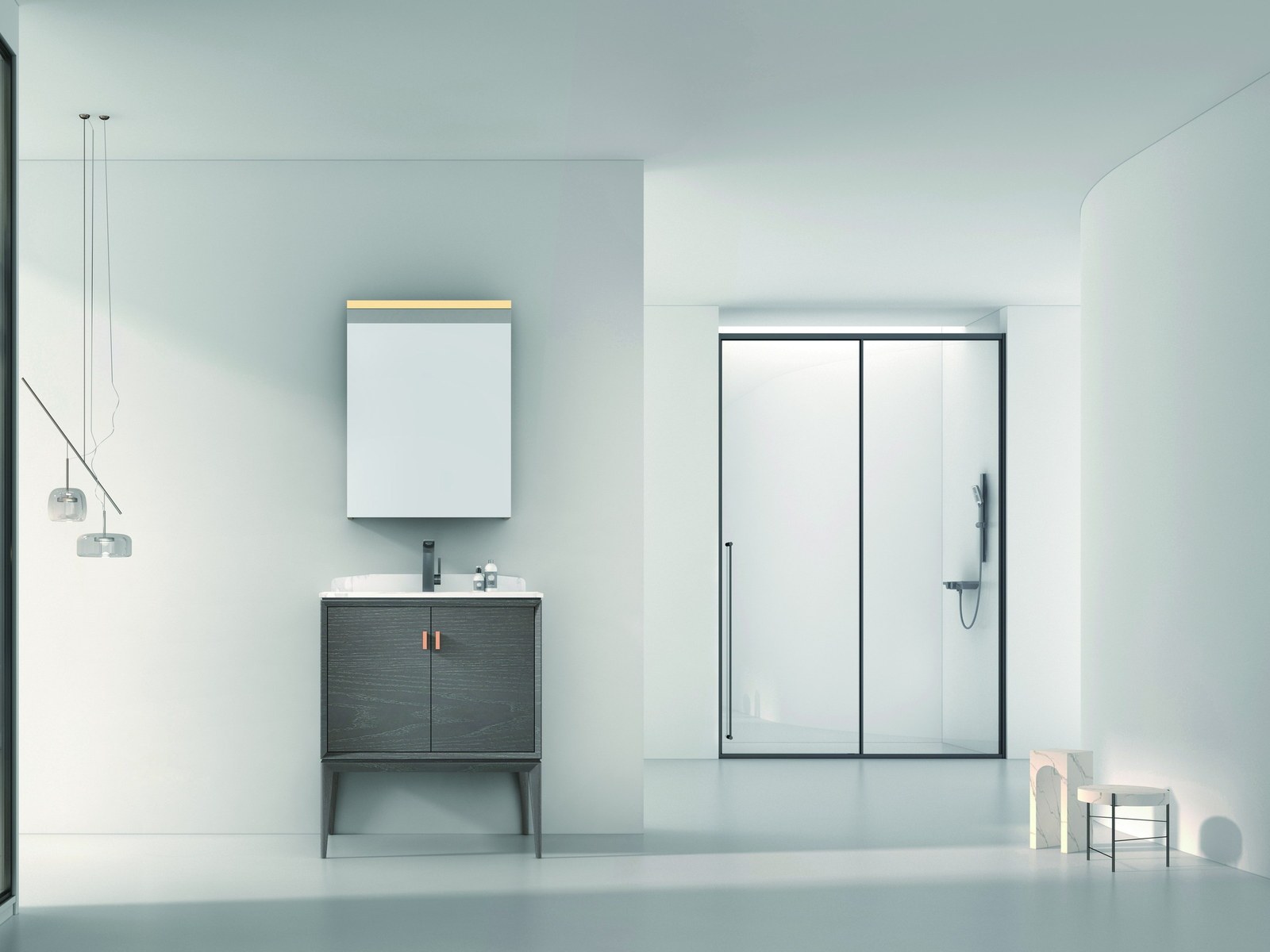 A pale bathroom with a mirror above a vanity beside a shower