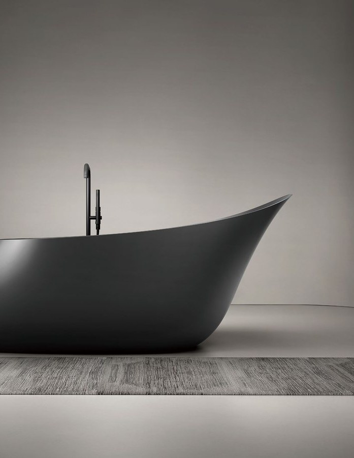 A compact soaking bathtub in an apartment bathroom