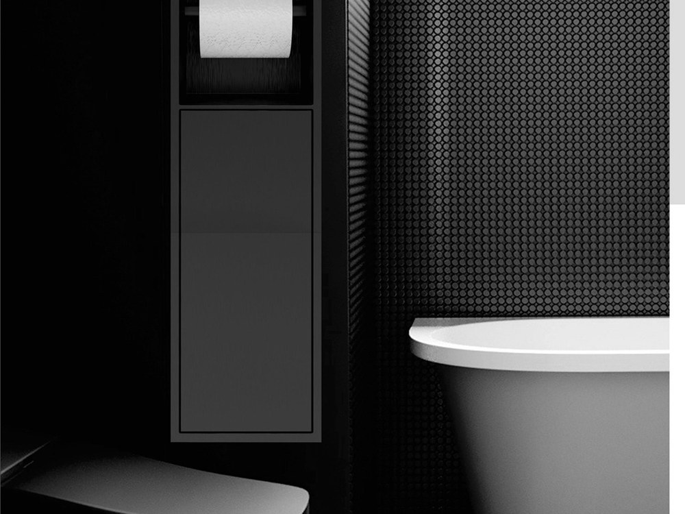 A recessed bathroom niche beside a wall-hung toilet