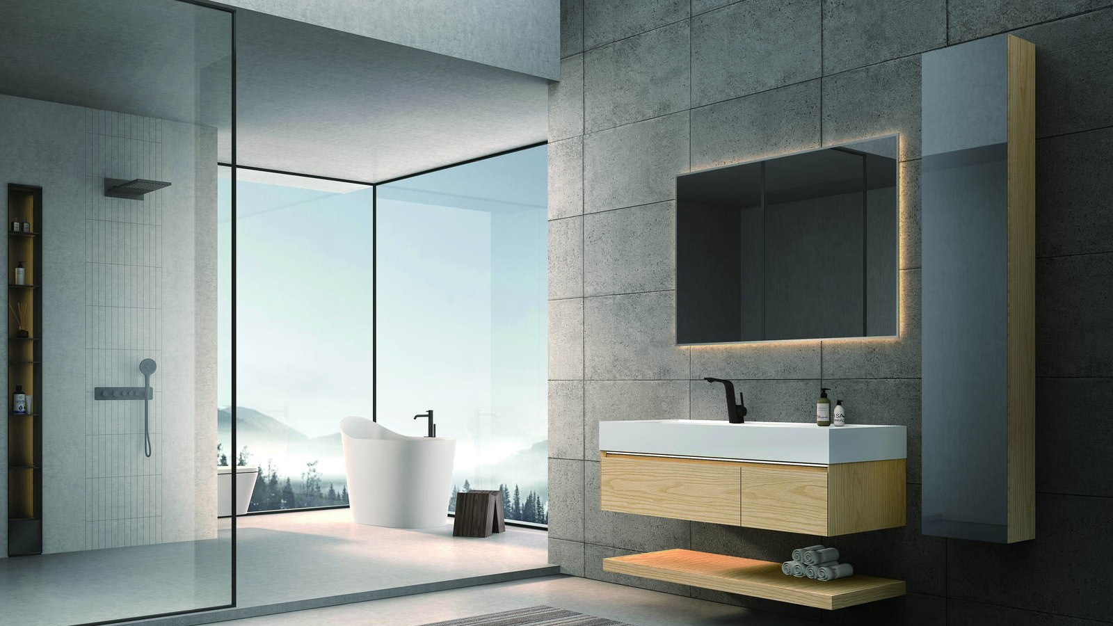 A hotel bathroom with a glass shower and a wall-hung vanity