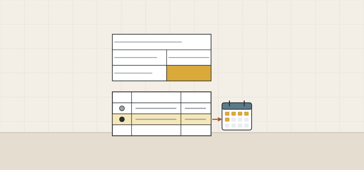 Illustration of a title block above a revision table whose latest row is highlighted and points to a calendar