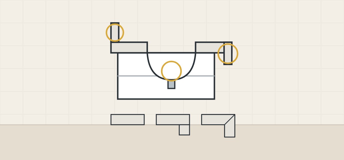Illustration of a vanity top in section with backsplash, apron and bowl circled, above square, built-up and mitred edge profiles