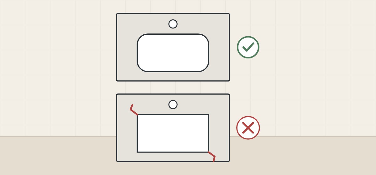 Illustration of a basin cut-out with rounded inside corners ticked, above one with square corners and cracks crossed