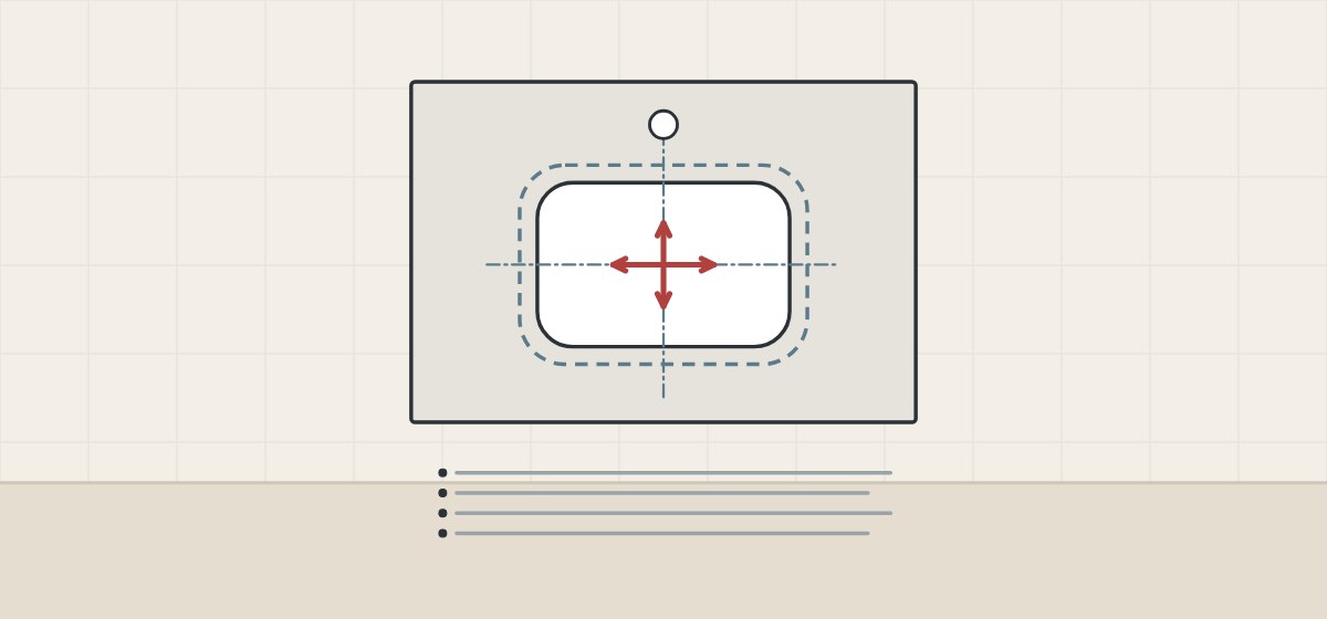 Illustration of a basin cut-out with a dashed size allowance and arrows for its position allowance, above four note lines