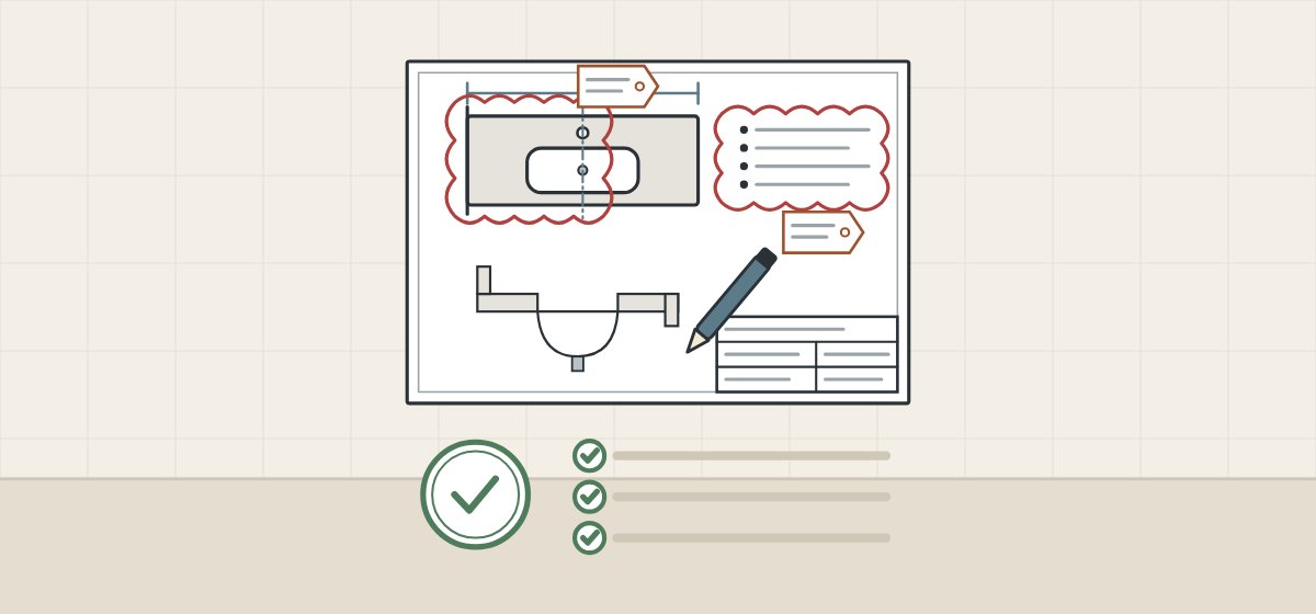 Illustration of a drawing sheet with two revision clouds and comment tags, a pen, an approval stamp and a ticked list