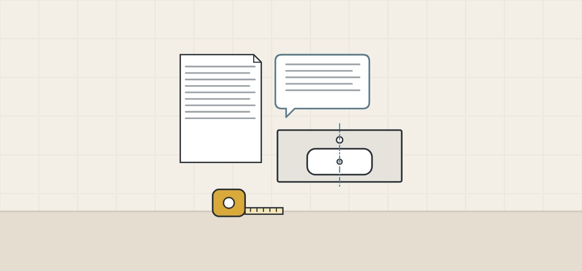 Illustration of a document, a message bubble, a vanity top in plan and a tape measure