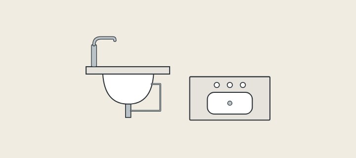 Illustration: a basin in section with its faucet, waste and overflow pipe, beside a top in plan with three faucet holes