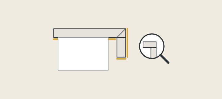 Illustration: a vanity top with a front apron in section, its underside, front and apron end highlighted, beside a magnified edge