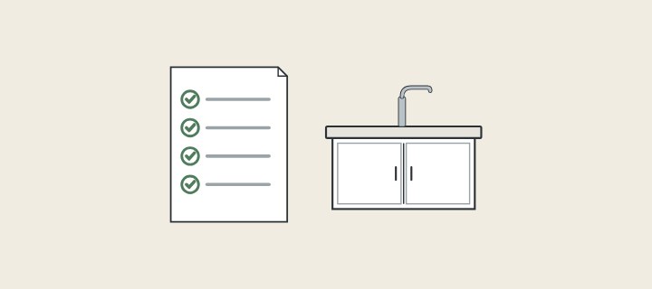 Illustration: a ticked specification sheet beside a vanity with a top and faucet