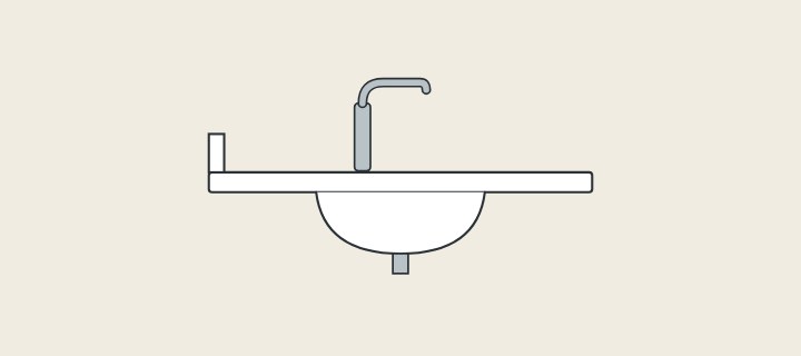 Illustration: a vanity top in section with an integrated basin, a backsplash, a faucet and a waste outlet