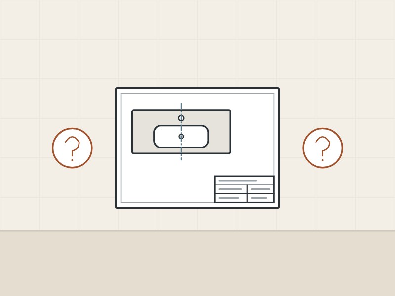 Illustration of a drawing sheet with a vanity top in plan between two question marks