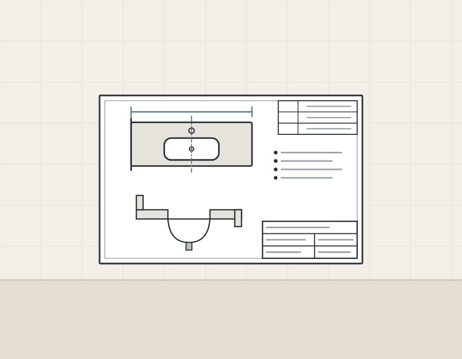 Illustration of a drawing sheet with a vanity top in plan, a section, notes, a revision table and a title block