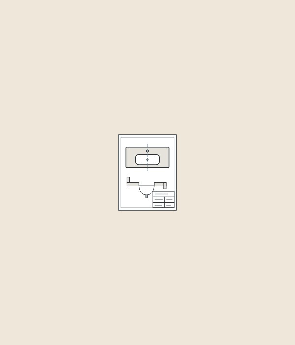 Illustration of an upright drawing sheet with a vanity top in plan, a section and a title block