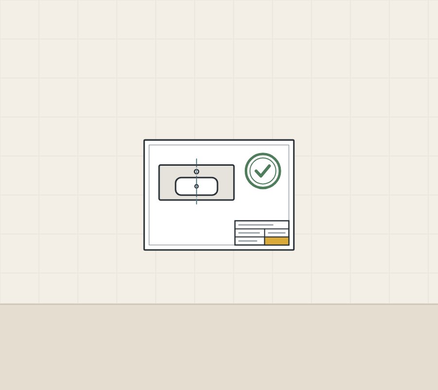 Illustration of a drawing sheet with a vanity top in plan, a highlighted revision cell and an approval stamp
