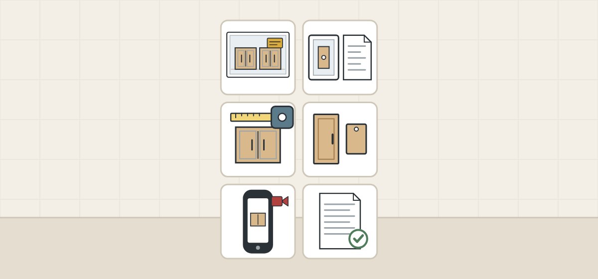 Illustration of six tiles: a wide photo with an order card, a detail beside a drawing, a tape measure on a cabinet, a door beside a sample, a phone with a video symbol and a checked report