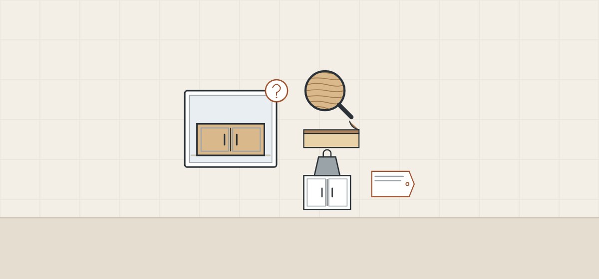 Illustration of a cabinet photo with a question mark beside a magnifier over wood grain, a board with a thin face layer, a weight on a cabinet and a label tag