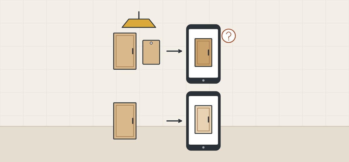 Illustration of a door and a sample swatch under a lamp and the same door in two different tints on two phone screens