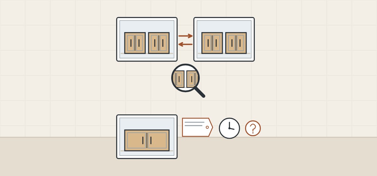 Illustration of two identical photos under a magnifier and a photo with a tag, a clock and a question mark