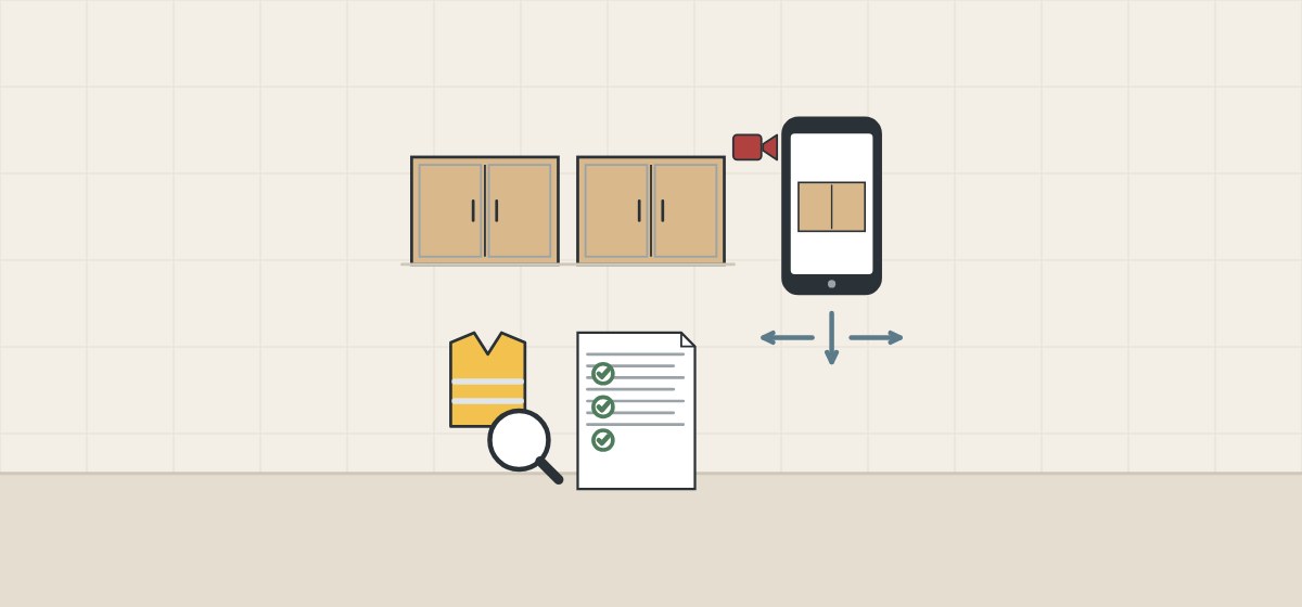 Illustration of cabinets viewed through a phone with direction arrows, and an inspector vest with a magnifier and a checked report