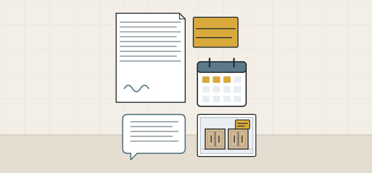 Illustration of a signed document, an order card, a calendar, a message bubble and a photo with an order card