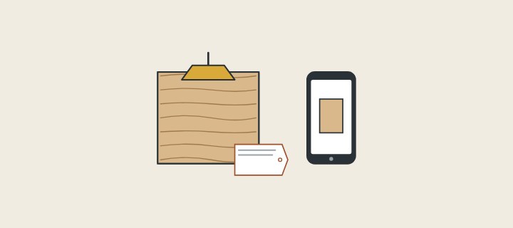 Illustration: a wood finish sample with a tag under a lamp beside a phone showing the sample