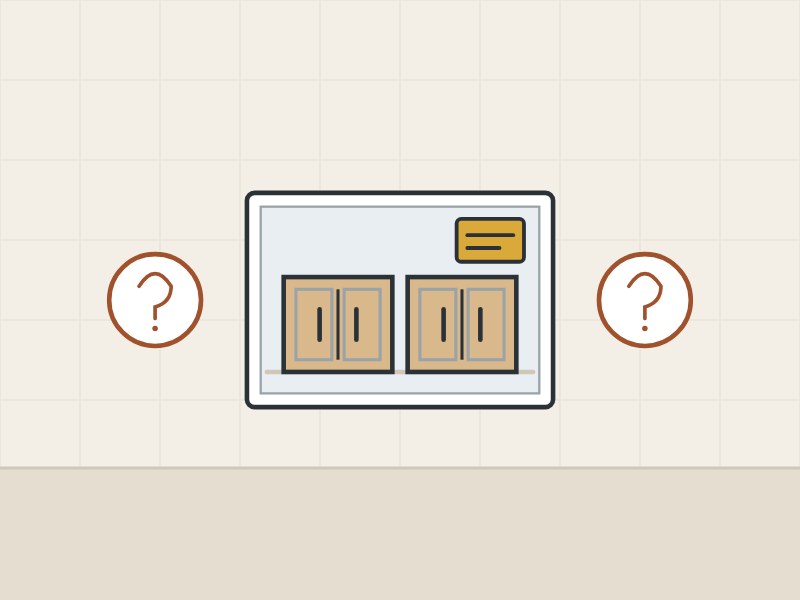 Illustration of a photo of two cabinets with an order card between two question marks