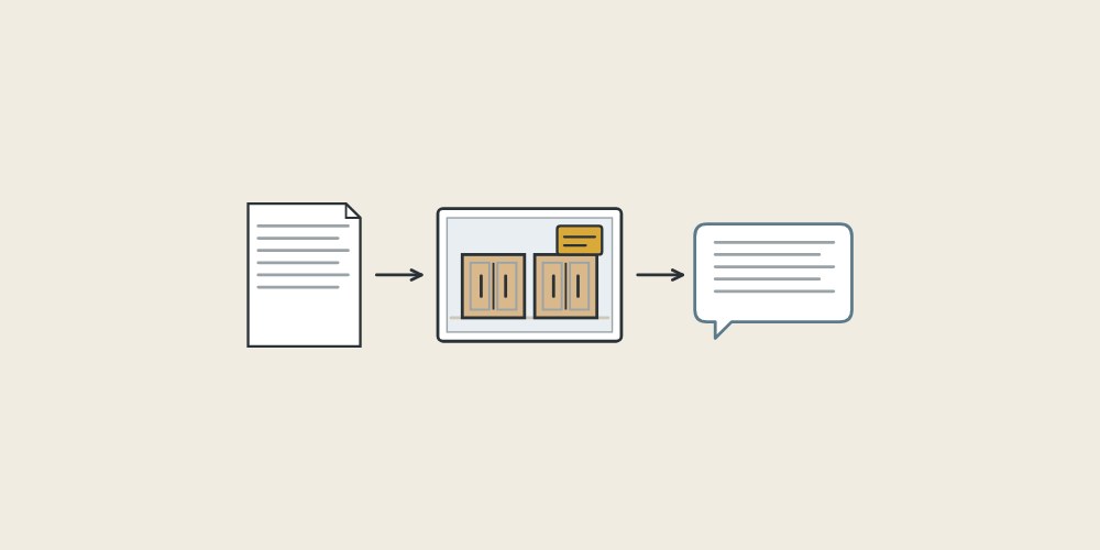 Illustration of a document, a photo with an order card and a message bubble linked by arrows