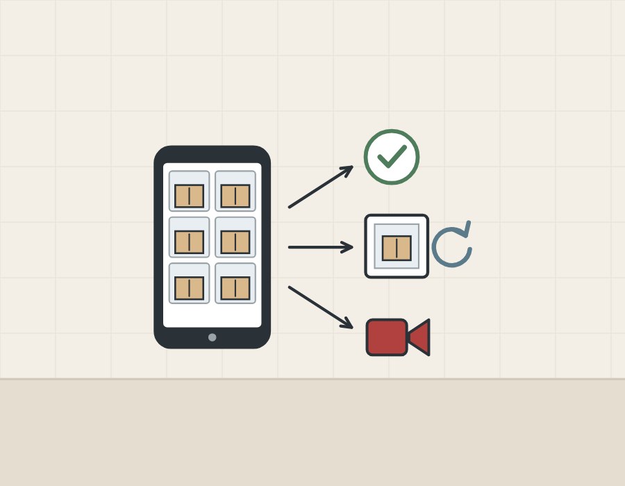 Illustration of a phone showing six cabinet photos with arrows to a check mark, a retake symbol and a video symbol