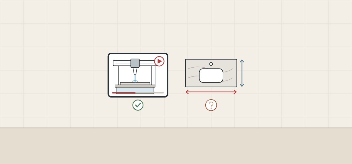 Illustration of a ticked video frame of a cutting machine beside a vanity top with dimension arrows and a question mark
