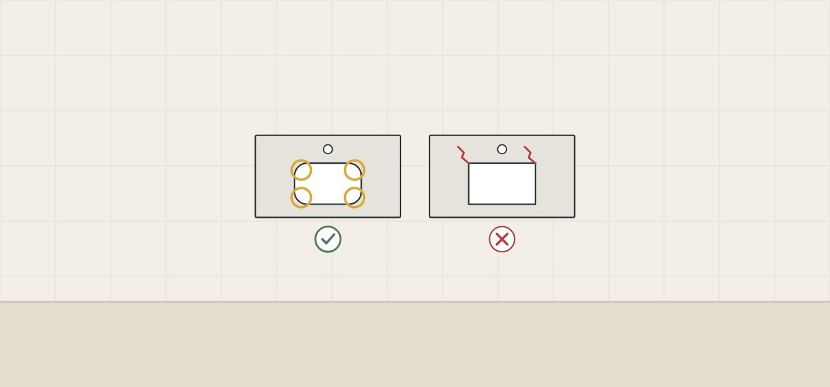Illustration of a vanity-top cut-out with rounded inside corners, ticked, beside one with square corners and cracks, crossed