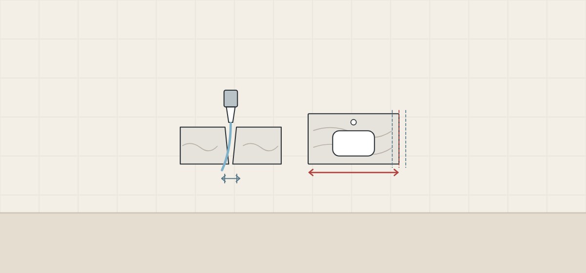 Illustration of a waterjet kerf in section that is wider at the top, beside a vanity top whose end lies between two dashed limit lines