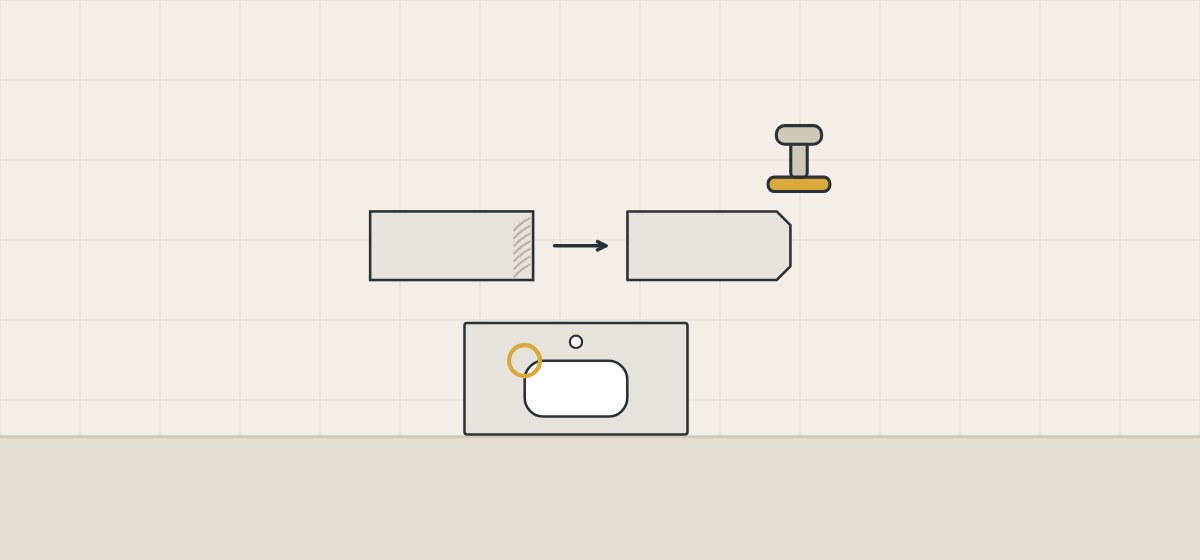 Illustration of a striated cut face, the same slab end with chamfered corners and a polishing pad, and a top with its cut-out edge circled