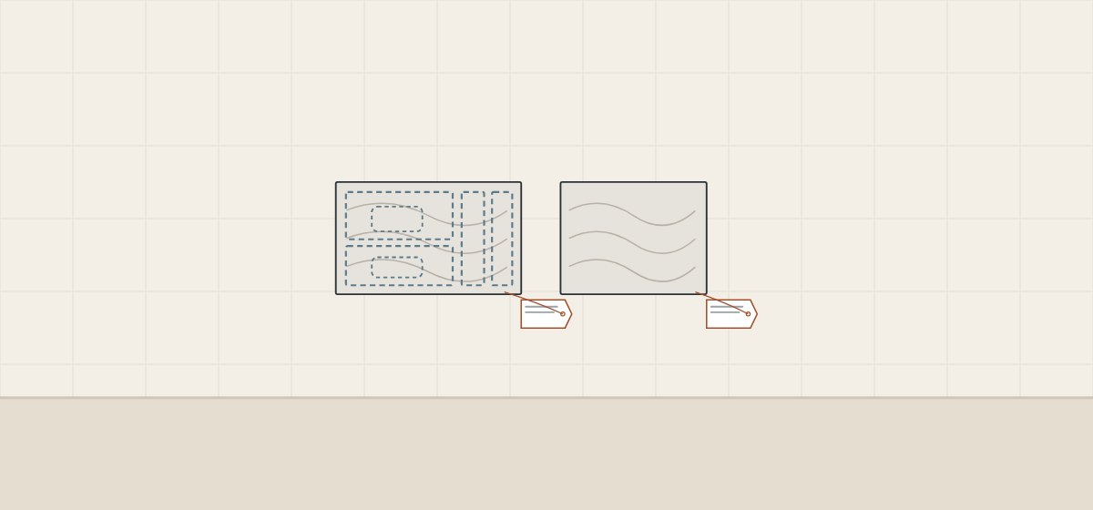 Illustration of a slab with vanity-top parts outlined on it in dashed lines beside a second slab, each with an identification tag