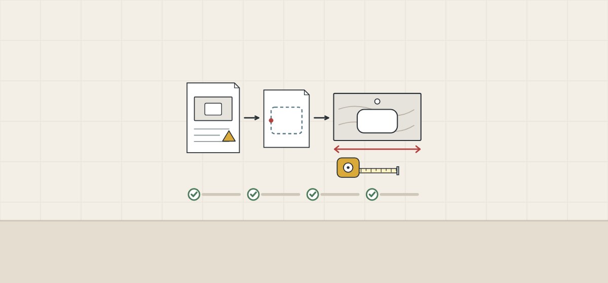 Illustration of a drawing sheet, a cutting file and a measured vanity top linked by arrows above a ticked checklist